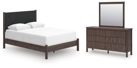 Cadmori Queen Upholstered Panel Bed, Dresser and Mirror