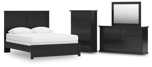 Queen Panel Bed with Mirrored Dresser and Chest