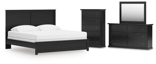 King Panel Bed with Mirrored Dresser and Chest