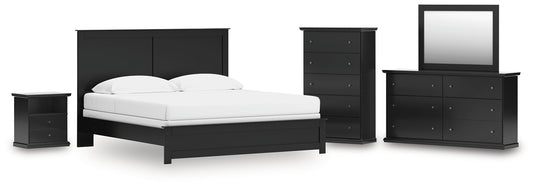 King Panel Bed with Mirrored Dresser, Chest and Nightstand