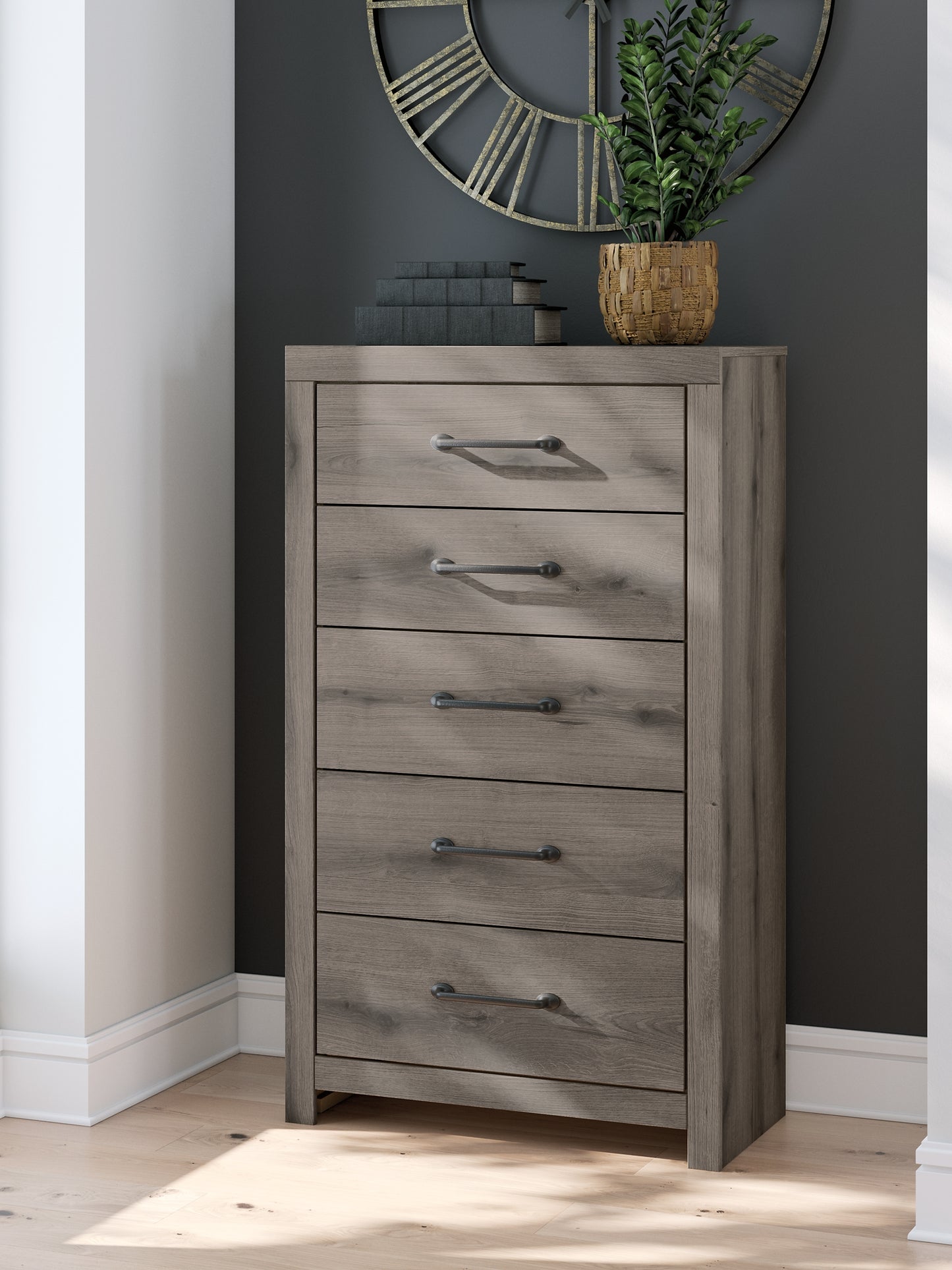 Graystorm Full Panel Bed with Storage with Mirrored Dresser, Chest and Nightstand