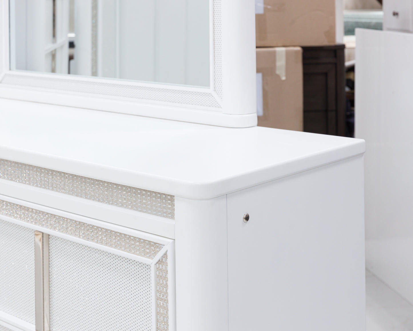 Chalanna California King Upholstered Storage Bed with Mirrored Dresser, Chest and Nightstand