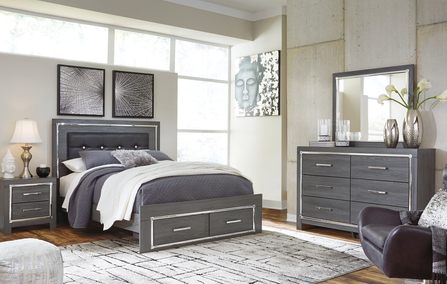 Lodanna Queen Panel Bed with 2 Storage Drawers with Mirrored Dresser and 2 Nightstands