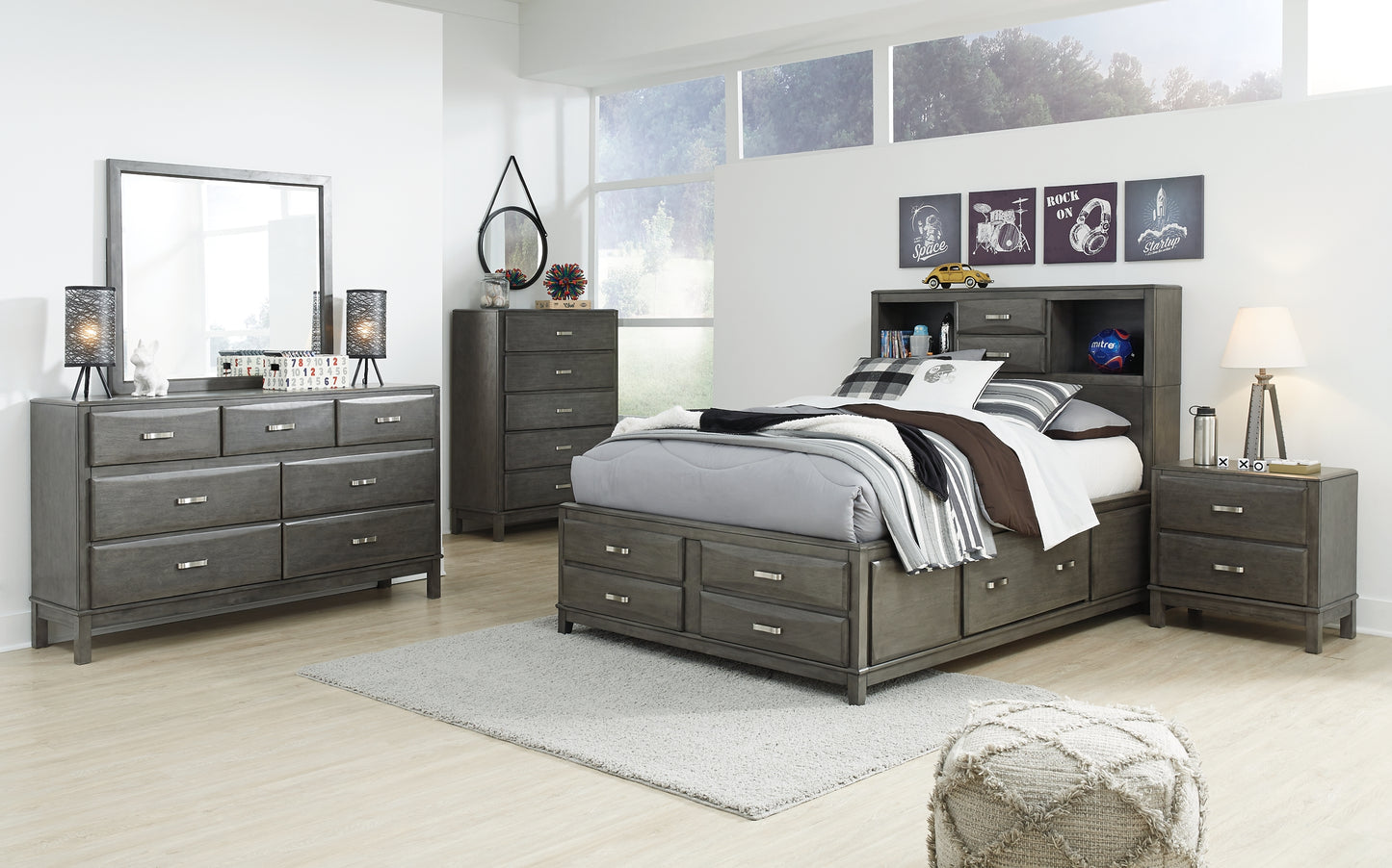 Caitbrook  Storage Bed With 8 Storage Drawers With Mirrored Dresser, Chest And 2 Nightstands